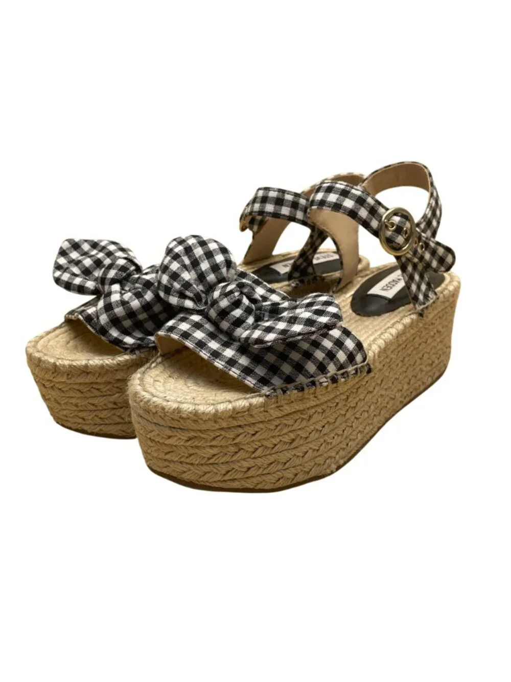 Steve Madden Women’s Black & White Gingham Bow Platform Espadrille Sandals Sz 7M